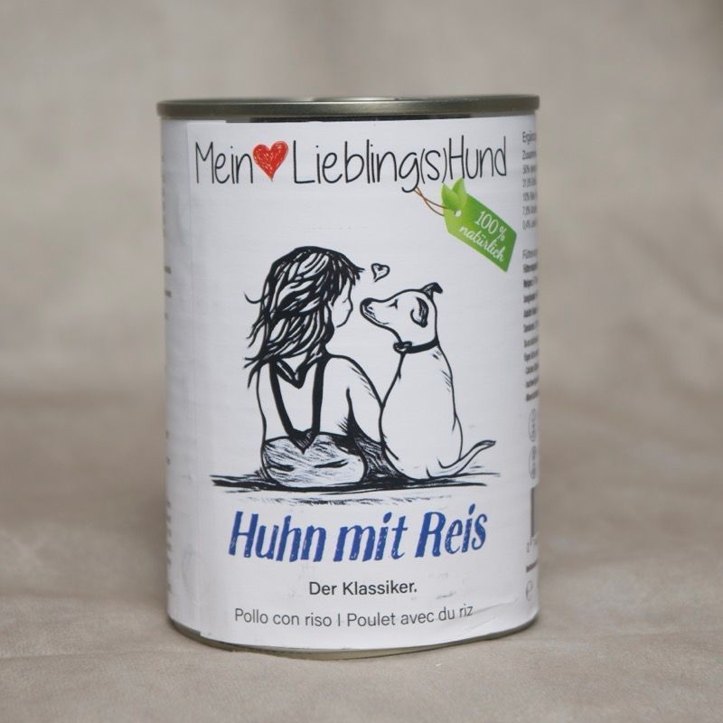 Mein LieblingsHund Huhn mit Reis Hunde Ergänzungsfutter in Konservendose mit Illustration von Hund und Mensch, Klassiker mit Huhn und Reis
