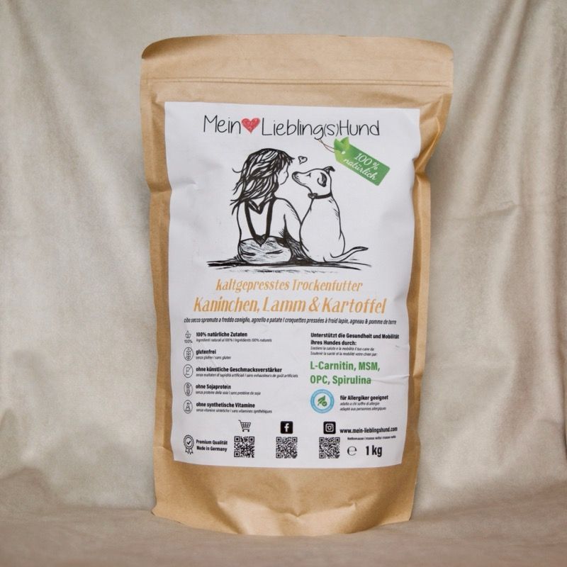 Mein LieblingsHund kaltgepresstes Trockenfutter Kaninchen Lamm und Kartoffel für Hunde in brauner Standbodenverpackung, Premium natuerliches Alleinfuttermittel
