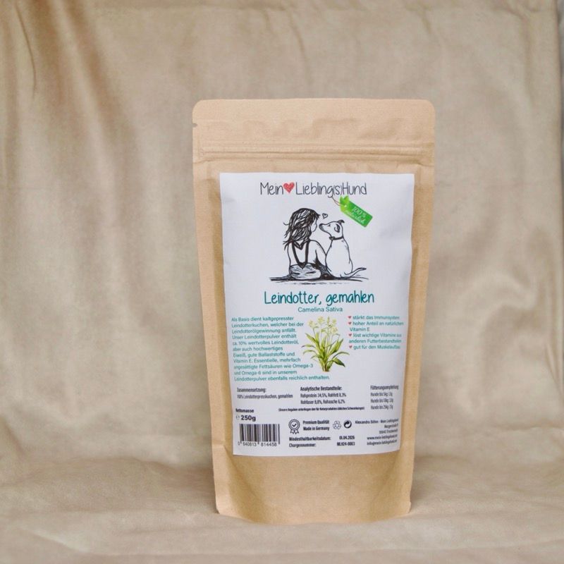 Mein LieblingsHund Leindotterkuchen gemahlen fuer Hunde in brauner Standbodenverpackung, natuerliches Ergaenzungsfuttermittel
