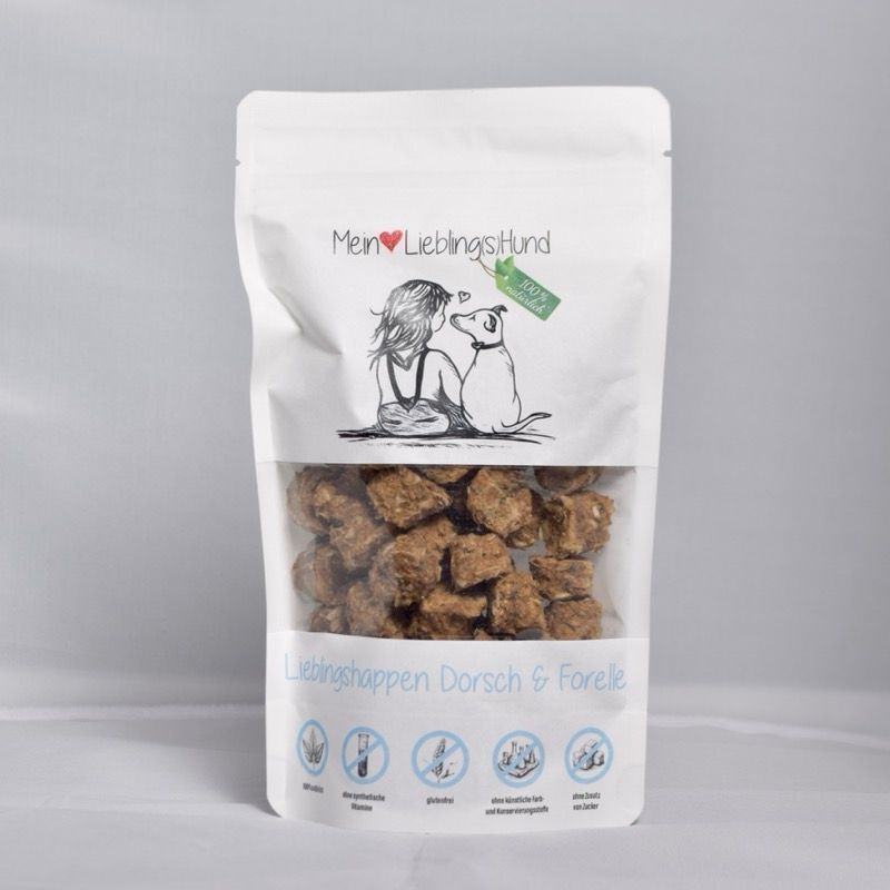 Mein LieblingsHund LieblingsHappen Dorsch und Forelle Hundesnack in weisser Standbodenverpackung mit Sichtfenster, naturbelassener Fischsnack
