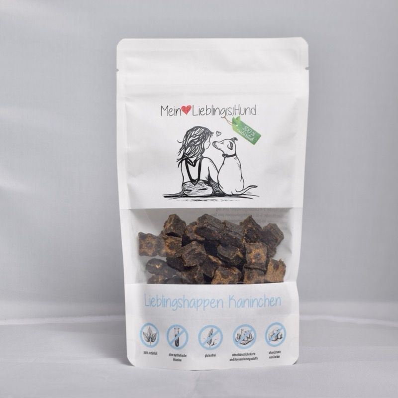 Mein LieblingsHund LieblingsHappen Kaninchen Hundesnack in weisser Standbodenverpackung mit Sichtfenster, naturbelassene Belohnung fuer Hunde

