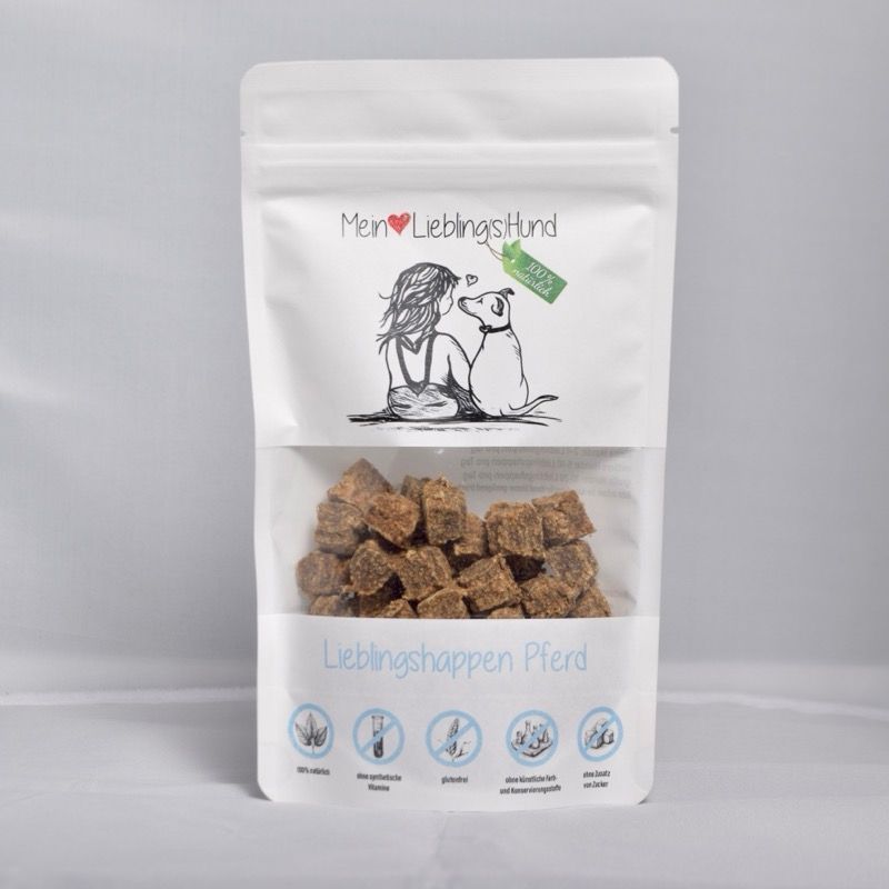 Mein LieblingsHund LieblingsHappen Pferd Hundesnack in weisser Standbodenverpackung mit Sichtfenster, natuerlicher Snack aus Pferdefleisch
