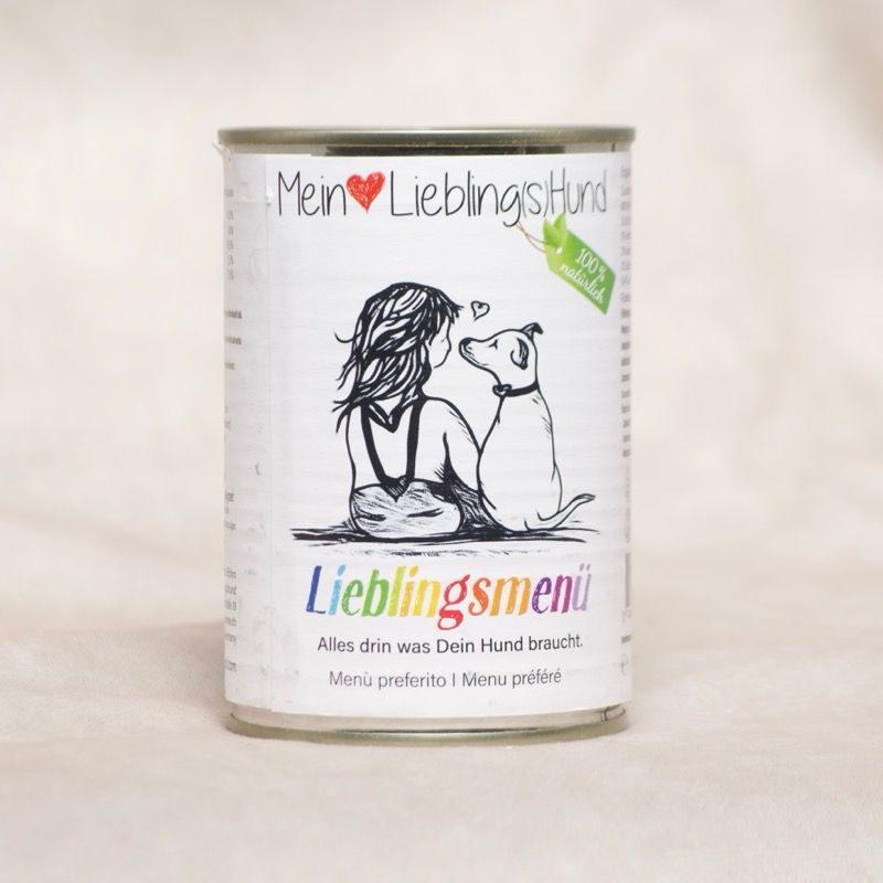 Mein LieblingsHund Lieblingsmenue Hunde Nassfutter in Konservendose mit Illustration und Regenbogen Schriftzug, natuerliches Ergaenzungsfutter
