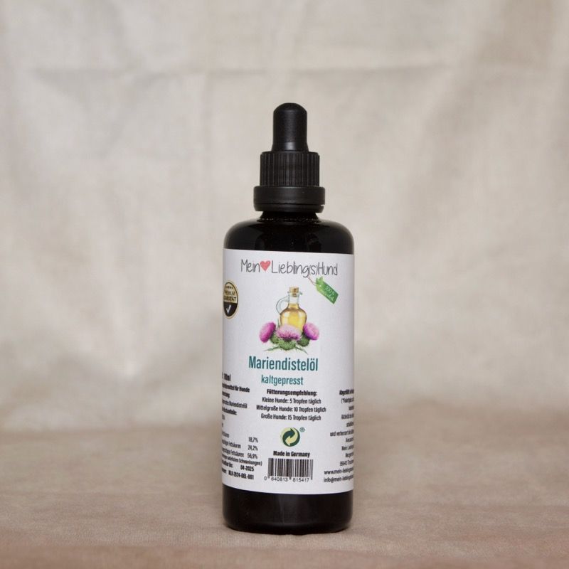 Mein LieblingsHund Mariendistelöl kaltgepresst in dunkler Violettglasflasche, Ergänzungsfuttermittel für Hunde, natürliche Leberunterstützung
