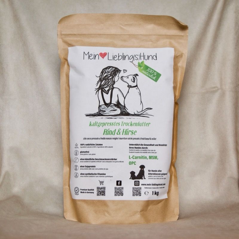 Mein LieblingsHund kaltgepresstes Trockenfutter Rind und Hirse für Hunde in brauner Standbodenverpackung, natuerliches Premium Alleinfuttermittel
