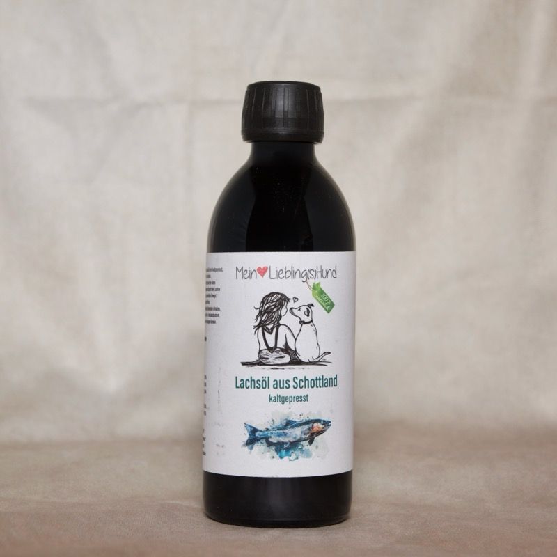 Mein LieblingsHund Lachsöl aus Schottland in dunkler Violettglasflasche, kaltgepresstes Ergaenzungsfuttermittel fuer Hunde mit Illustration Hund und Mensch

