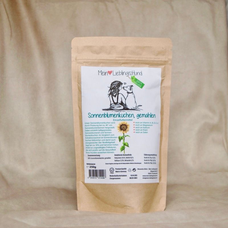 Mein LieblingsHund Sonnenblumenkuchen gemahlen in brauner Standbodenbeutel Verpackung mit Etikett und Sonnenblumen Illustration, Einzelfuttermittel fuer Hunde
