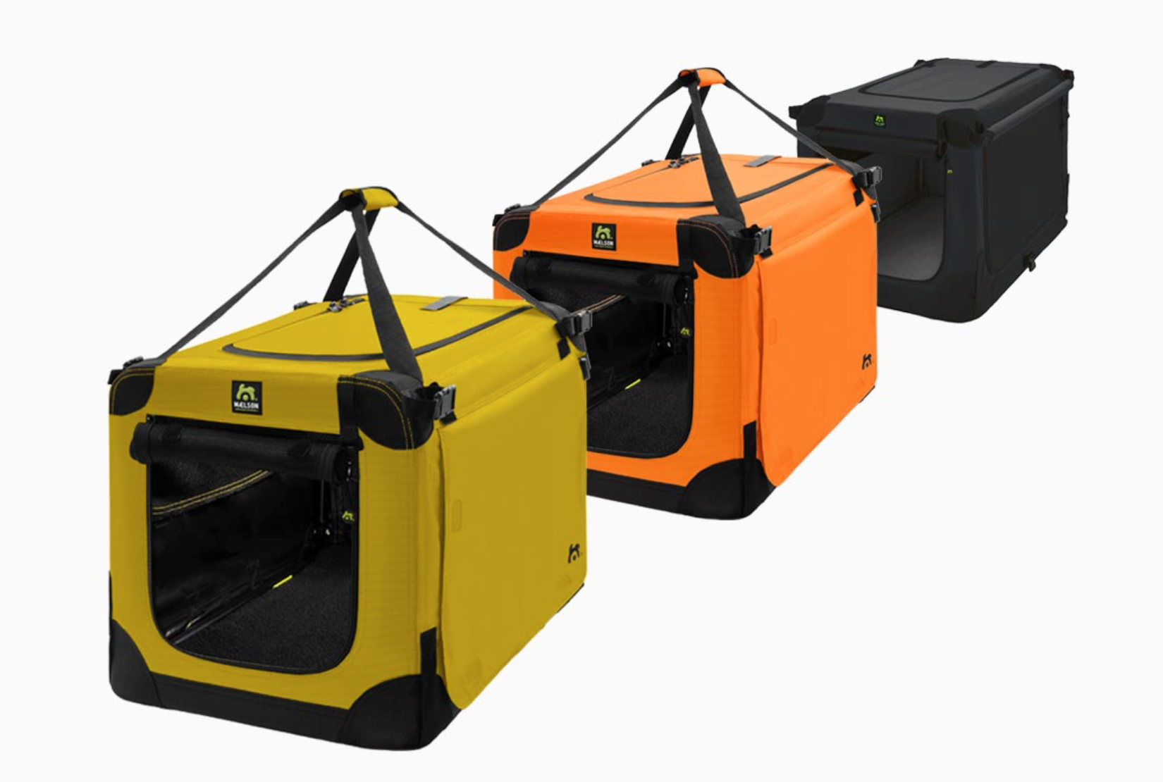 Maelson Soft Kennel Faltbox für Hunde – robuste, faltbare Transportbox mit Mesh-Fenstern in den Farben gelb, orange, schwarz
