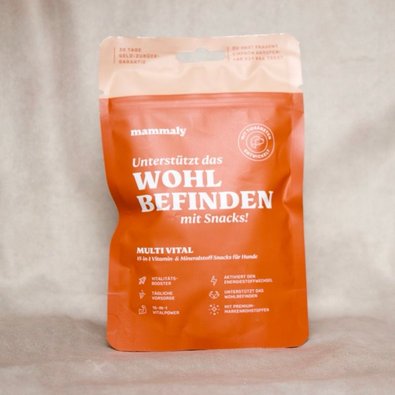 mammaly Multi Vital – Vitalstoff-Snacks für Hunde in orangefarbener Verpackung, unterstützt Wohlbefinden, Energie und tägliche Gesundheitspflege
