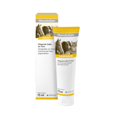 ManukaSan Honigsalbe von alfavet, pflegende Wundsalbe zur Unterstützung der Hautregeneration für Hunde, Katzen und Pferde in 75 ml Tube mit Verpackung
