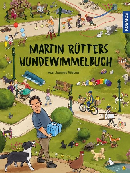Martin Rütters Hundewimmelbuch von Jannes Weber, bunt illustriertes Kinderbuch mit vielen Hunden und Szenen im Park, Titelblatt Kosmos Verlag
