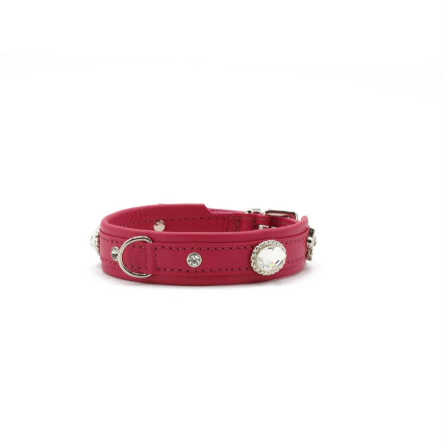 Pink-Rotes  Leder-Hundehalsband mit Strasssteinen und goldenen Details, elegantes Zubehör für Hunde
