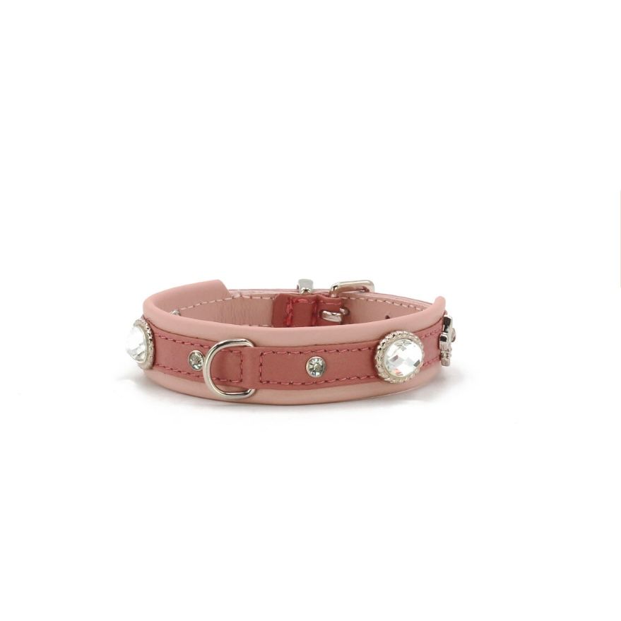 Maul Hundehalsband Nesthäkchen in Rosa aus Leder mit funkelnden Strass-Steinen, handgefertigt für kleine Hunde.
