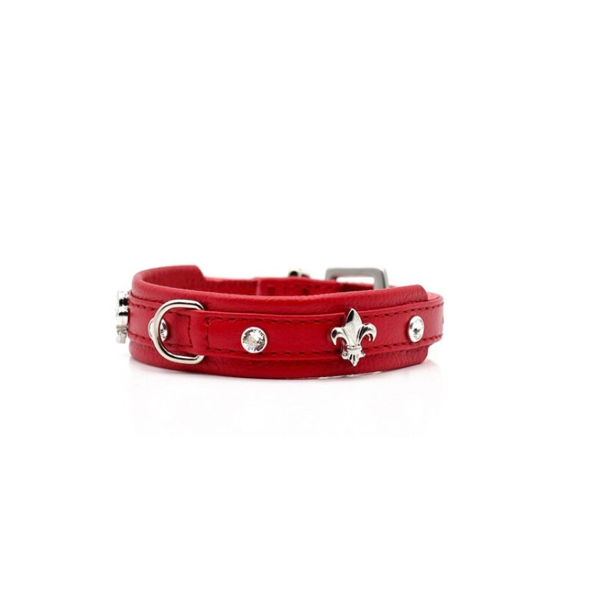 Rotes Leder-Hundehalsband für kleine Hunde mit silbernen Lilien-Ornamenten und Strasssteinen

