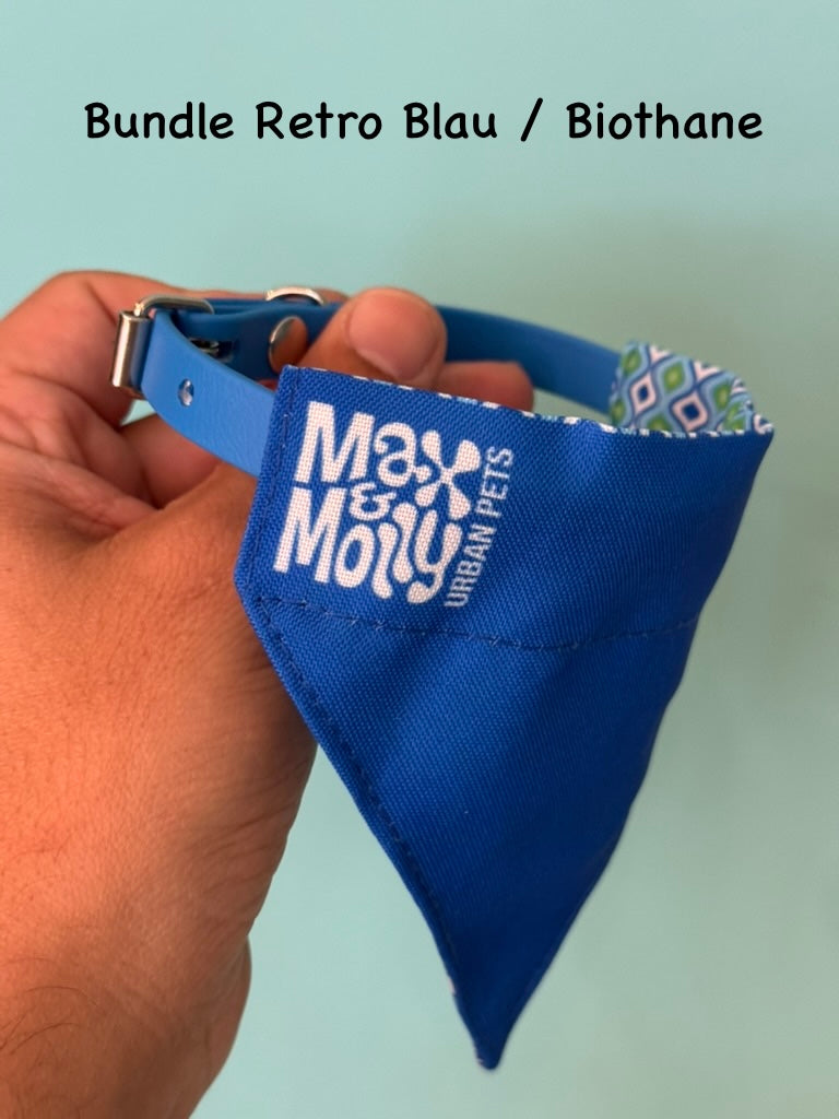 Max & Molly Hundebandana Retro Blue in Dunkelblau mit geometrischem Retro-Muster
Stylisches Wende-Bandana für Hunde in Blaugrün mit Retro-Print mit blauem Biothane Halsband