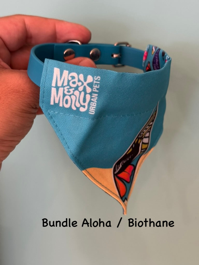 Hundebandana von Max & Molly in Türkis mit Surfboard-Design und tropischem Motiv
Max & Molly Hunde Bandana Aloha – Wendedesign mit bunten Surfboards auf Türkis mit blauem Biothane Halsband