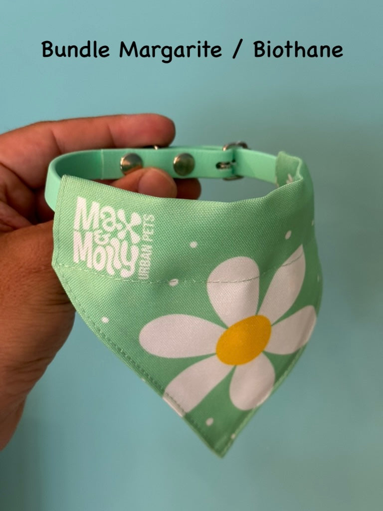 Hundebandana Max & Molly Margarite mit großer weißer Blume auf hellgrün
Wendebandana für Hunde in Margeriten-Design in Grün von Max & Molly mit grünem Biothane Halsband