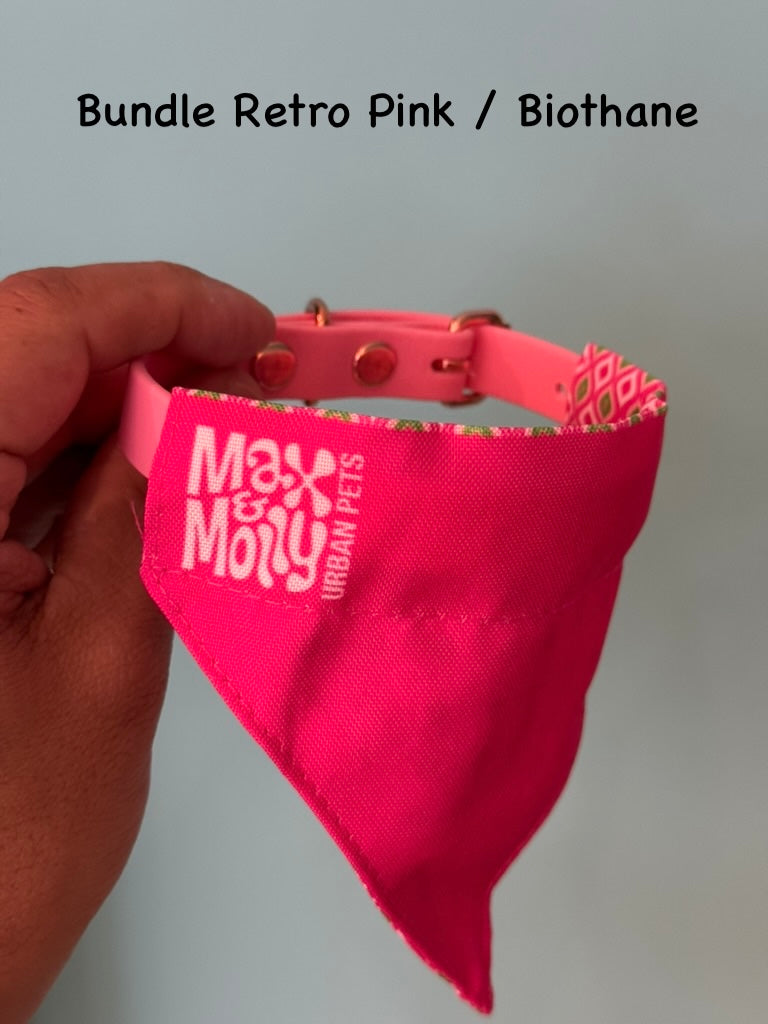 Max & Molly Hundebandana Retro Pink in kräftigem Pink mit Retro-Muster
Wende-Halstuch für Hunde in Pinkgrünem Retro-Design von Max & Molly mit pinkem Biothane Halsband