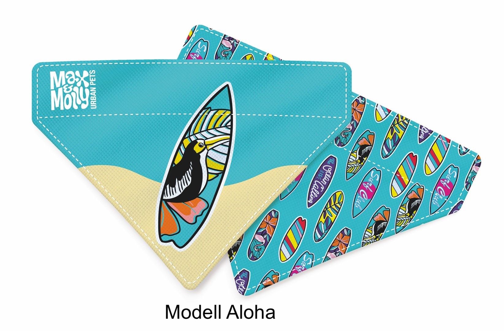 Hundebandana von Max & Molly in Türkis mit Surfboard-Design und tropischem Motiv
Max & Molly Hunde Bandana Aloha – Wendedesign mit bunten Surfboards auf Türkis
