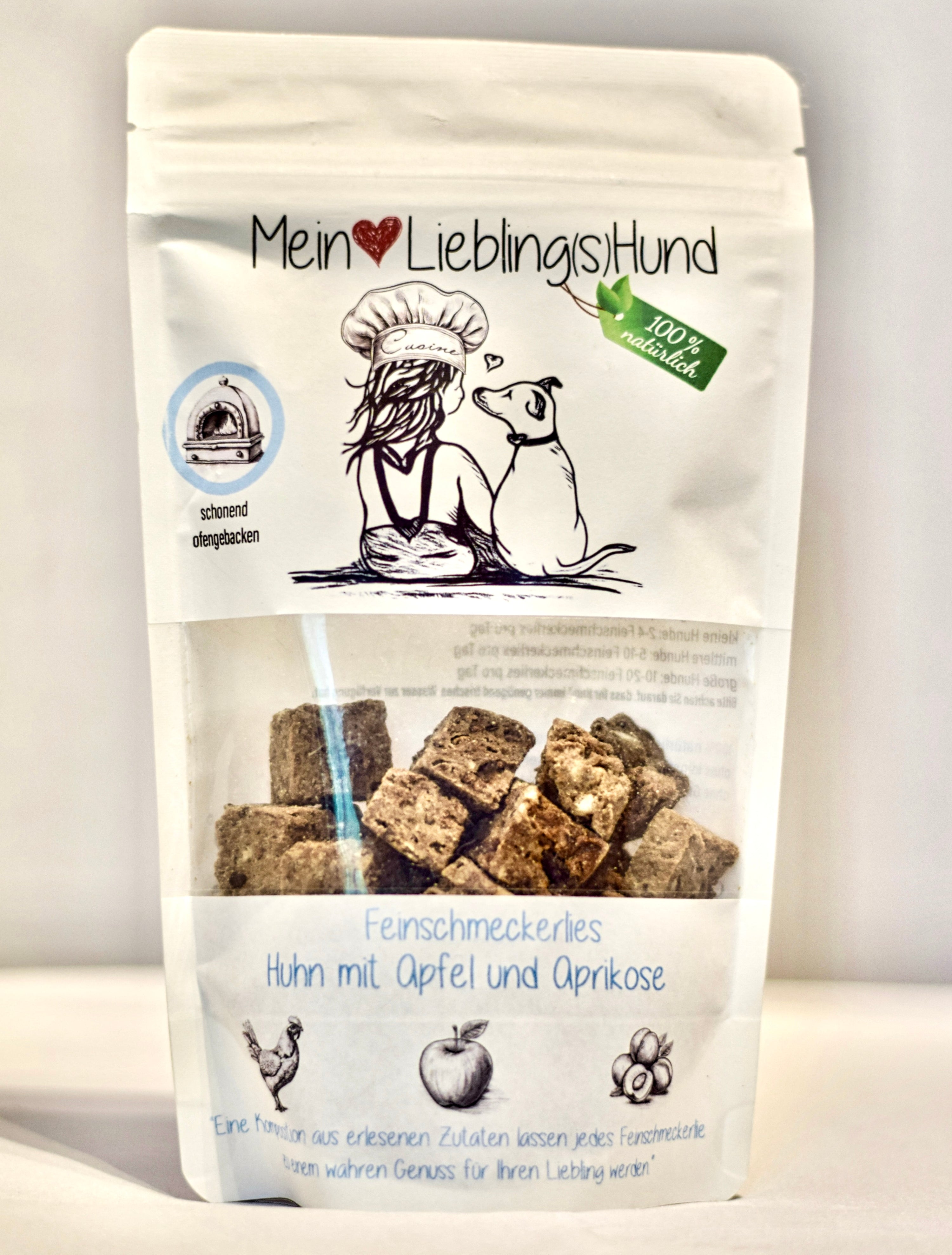 Hundeleckerlies Sorte Huhn mit Apfel und Aprikose eingepackt 
