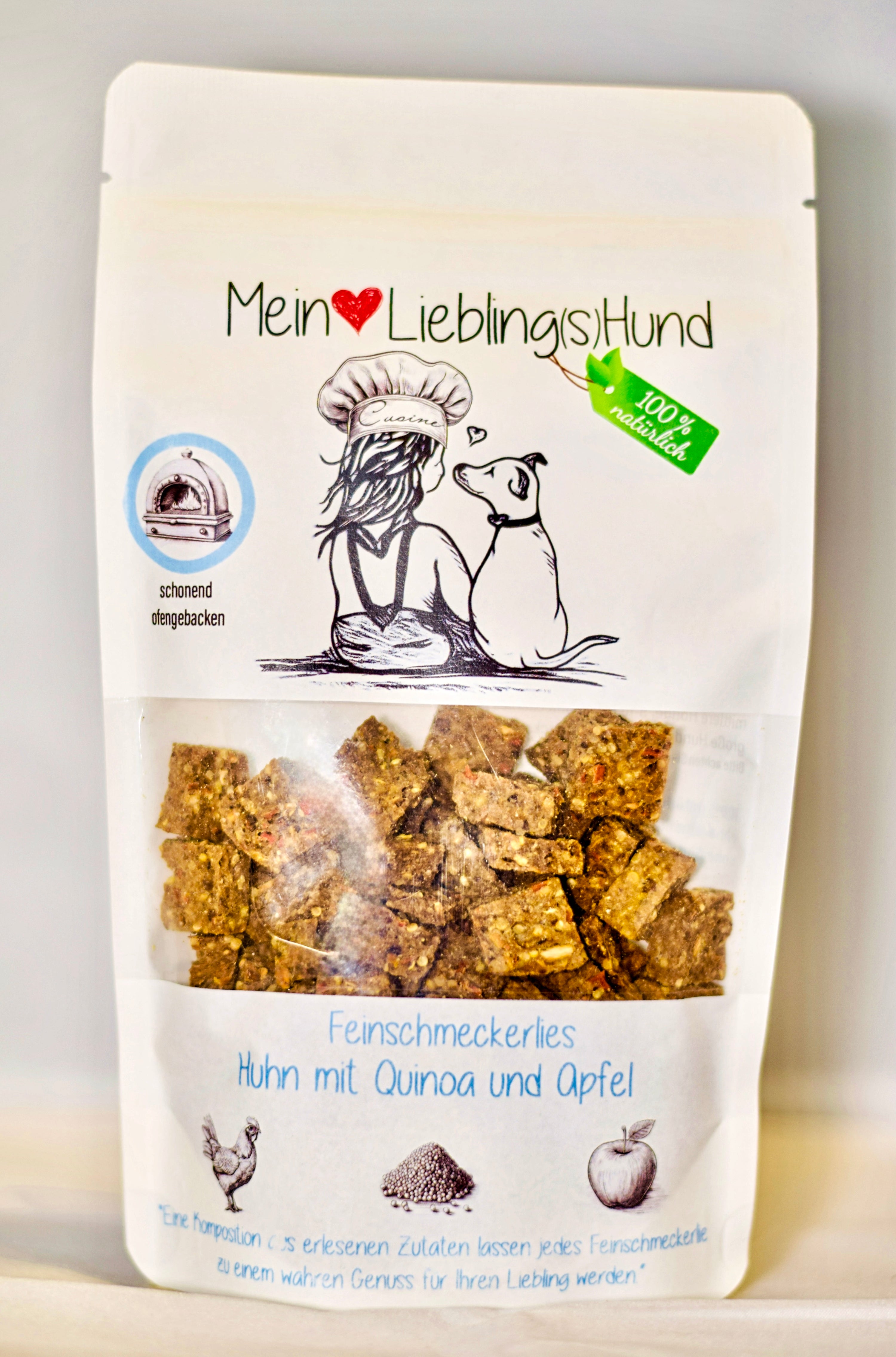 Hundeleckerlies Sorte Huhn mit Quinoa und Apfel verpackt 