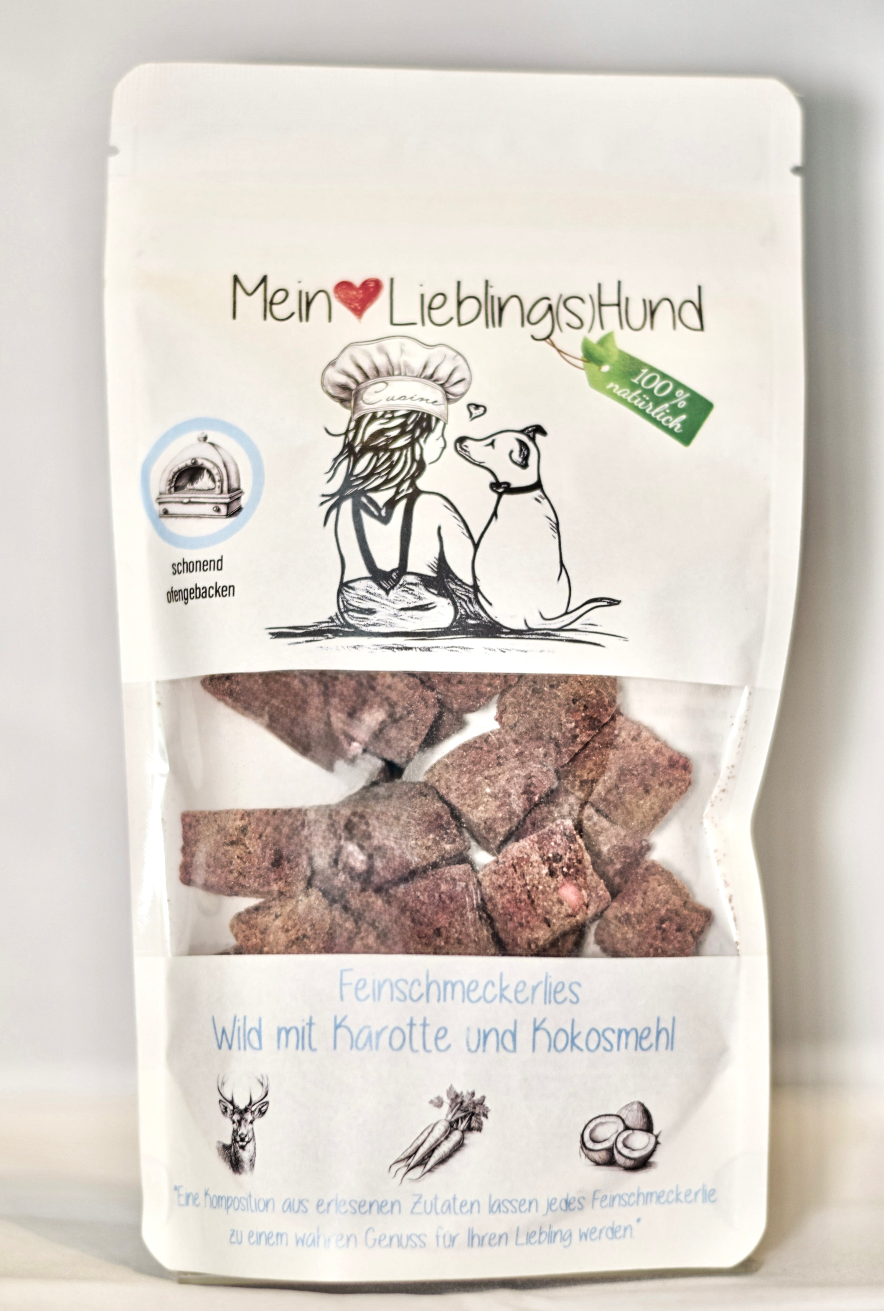 Hundeleckerlies Sorte Wild mit Karotte und Kokosmehl eingepackt 