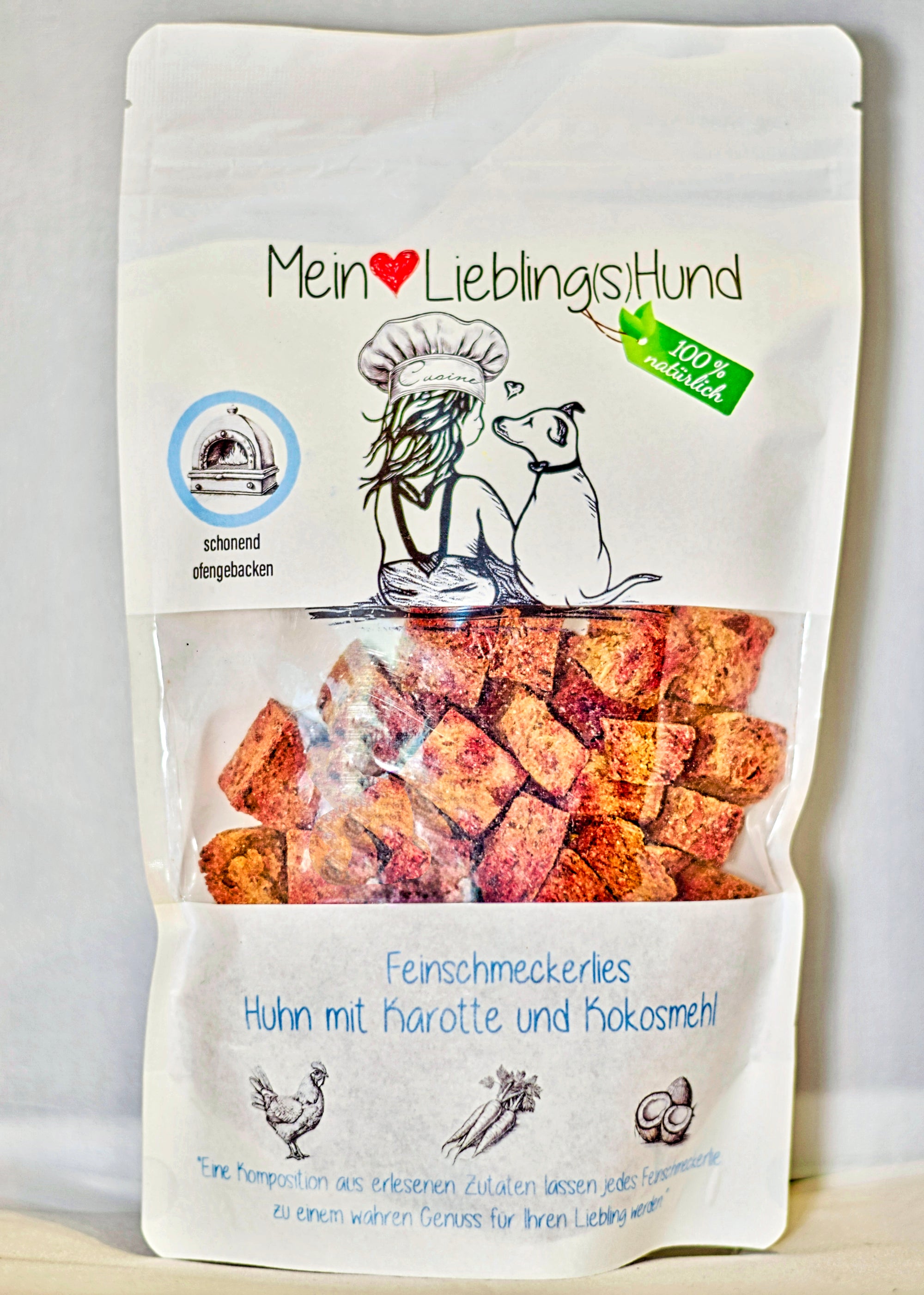 Hundeleckerlies Sorte Huhn mit Karotte und Kokosmehl verpackt 