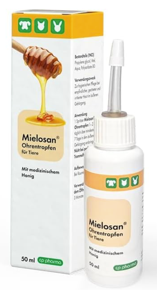 „Flasche Mielosan Ohrentropfen für Tiere mit medizinischem Honig vor zugehöriger Produktverpackung.“