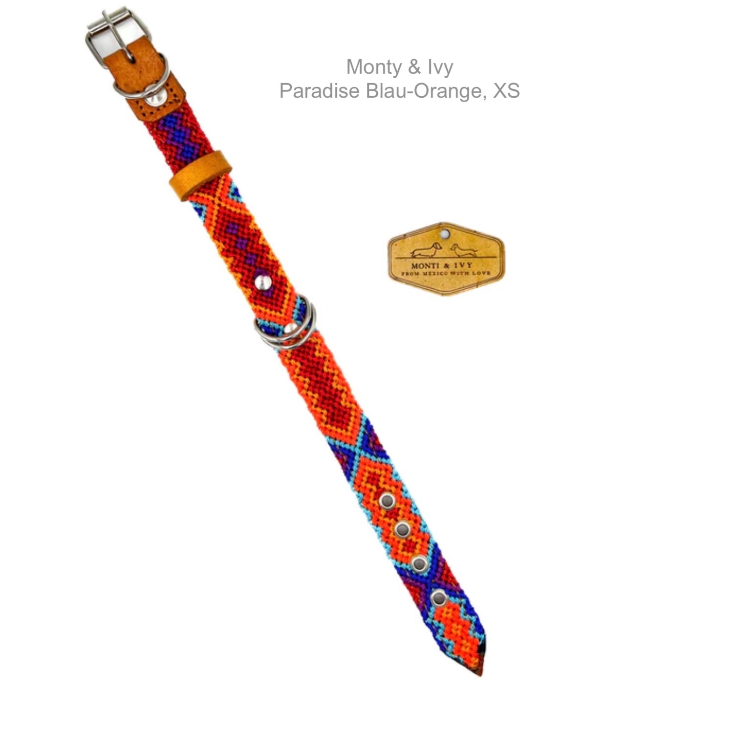 „Bunt gewebtes Hundehalsband in Orange Blau mit Lederdetails und Metallschnalle von Monty & Ivy, Größe M.“