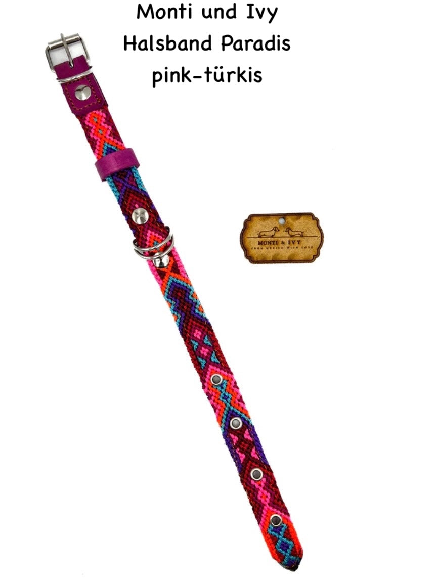 „Bunt gewebtes Hundehalsband in Rot-Blau mit Lederdetails und Metallschnalle von Monty & Ivy, Größe M.“