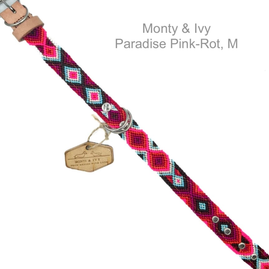 „Bunt gewebtes Hundehalsband in Rot-Pink mit Lederdetails und Metallschnalle von Monty & Ivy, Größe M.“