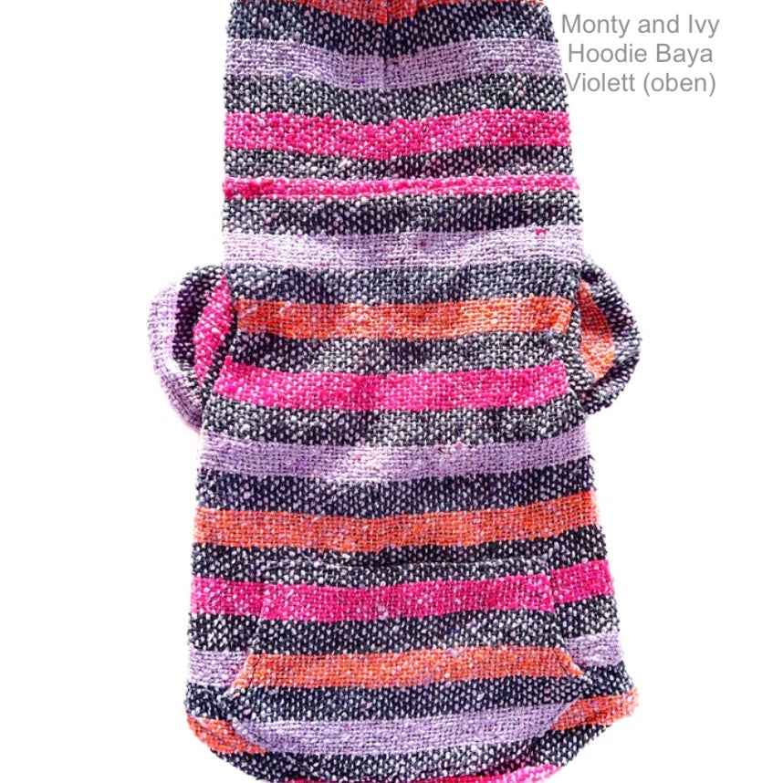 Violett orange  gestreifter Hundehoodie von Monty & Ivy, Ansicht von oben.