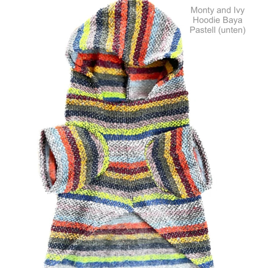 Pastell farbig gestreifter Hundehoodie von Monty & Ivy, Ansicht von oben.