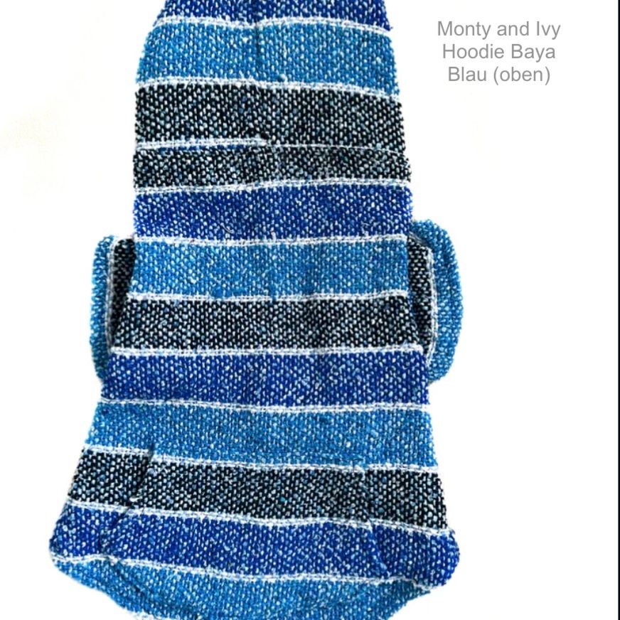 Blau-schwarz gestreifter Hundehoodie von Monty & Ivy, Ansicht von oben.