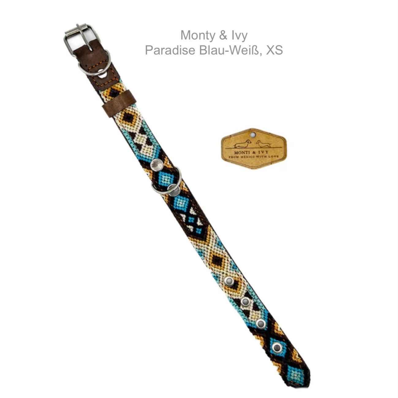 „Bunt gewebtes Hundehalsband in blau weiß mit Lederdetails und Metallschnalle von Monty & Ivy, Größe M.“