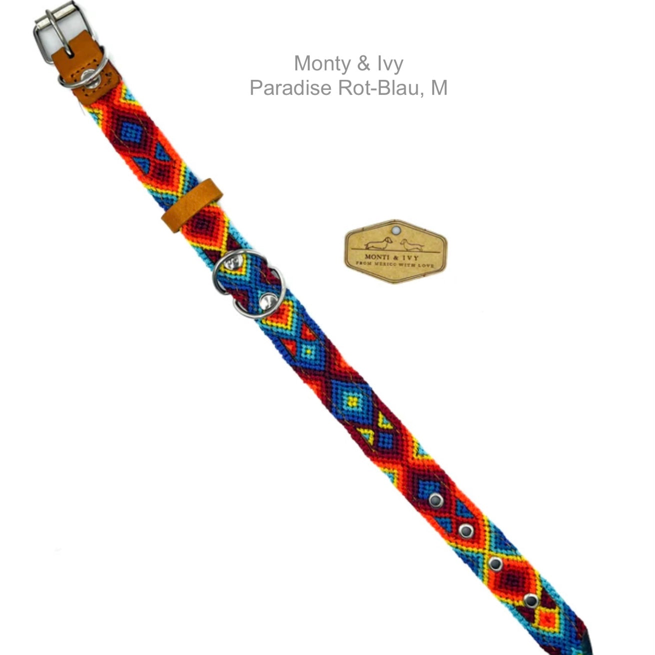 „Bunt gewebtes Hundehalsband in Rot-Blau mit Lederdetails und Metallschnalle von Monty & Ivy, Größe M.“