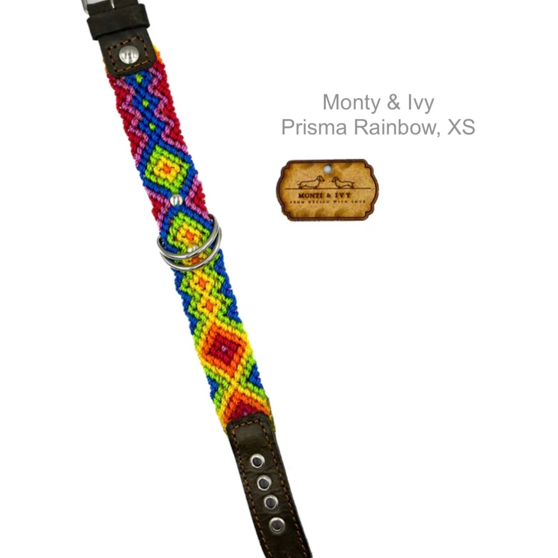 „Bunt gewebtes Hundehalsband in Rainbowmit Lederdetails und Metallschnalle von Monty & Ivy, Größe M.“