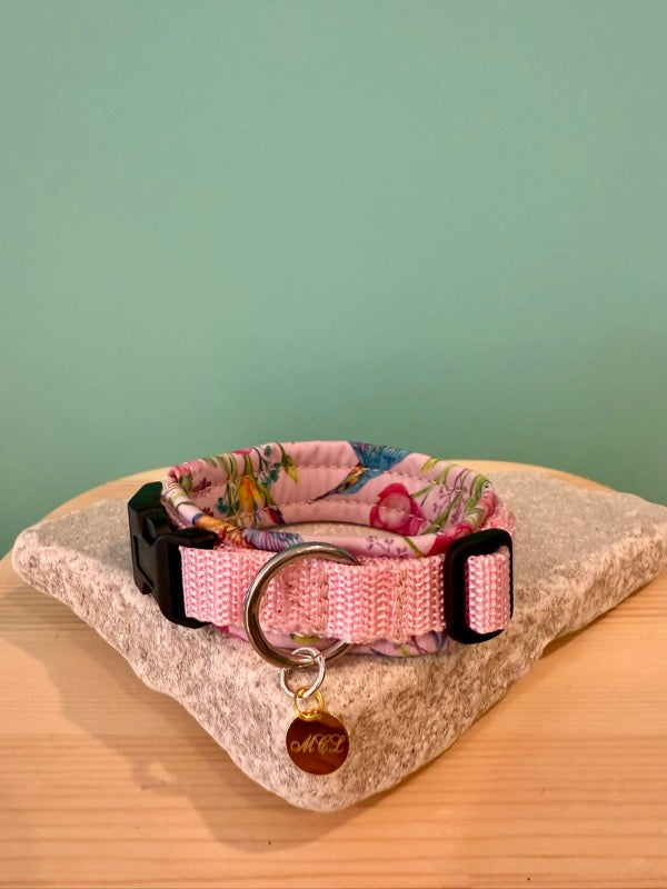 Rosa Hundehalsband mit weißen Punkten, schwarzem Klickverschluss und silbernem D-Ring auf Steinplatte vor grünem Hintergrund