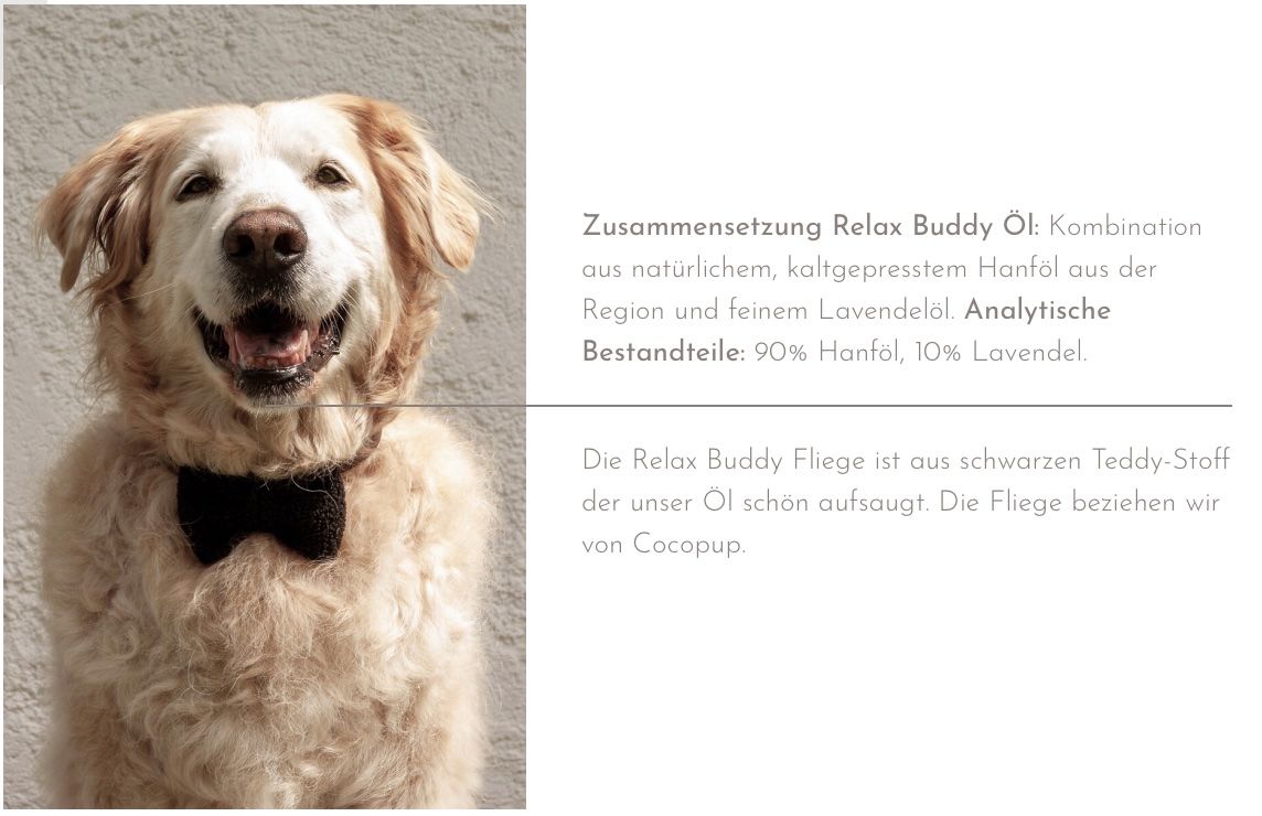 Hund mit Fliege und Beschreibung des Nacani Relax Buddy Öls