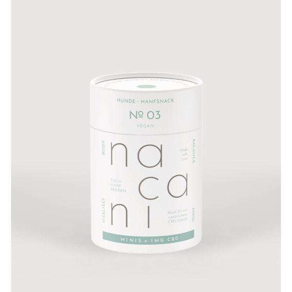 Nacani Minis CBD Snacks Vegan in weißer Dose, Produktaufnahme vor neutralem Hintergrund