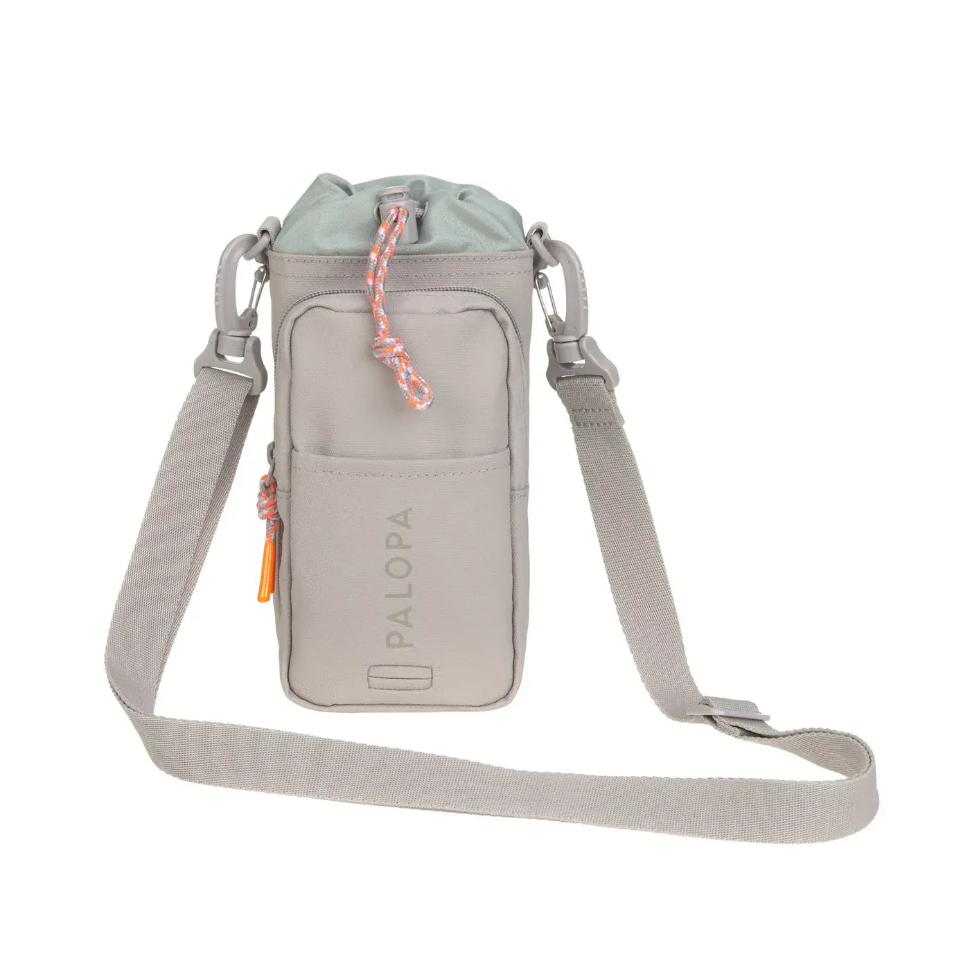 Umhängeleckerlietasche in Beige und Mint von PALOPA mit Kordelverschluss, Fronttasche und verstellbarem Schultergurt für Hundetraining und Spaziergänge.