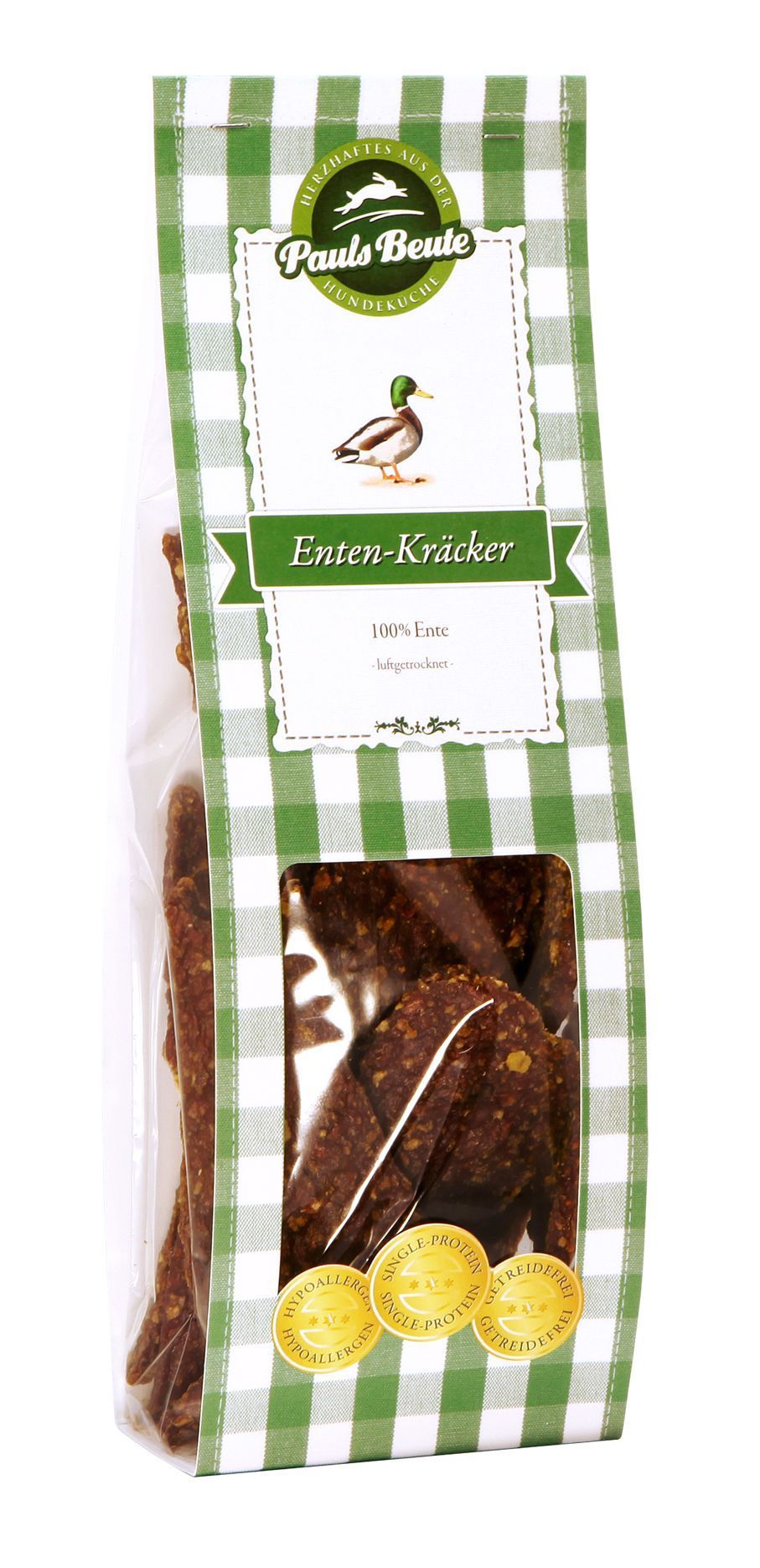Pauls Beute Enten-Kräcker in transparenter, grün-weiß karierter Verpackung mit Sichtfenster und Entenmotiv, knuspriger Hundesnack aus 100 % Ente.