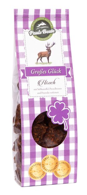 Pauls Beute Großes Glück Hirsch Hundesnack in transparenter Tüte mit lila kariertem Etikett und Kleeblatt-Design, premium natürlicher Leckerbissen für Hunde.