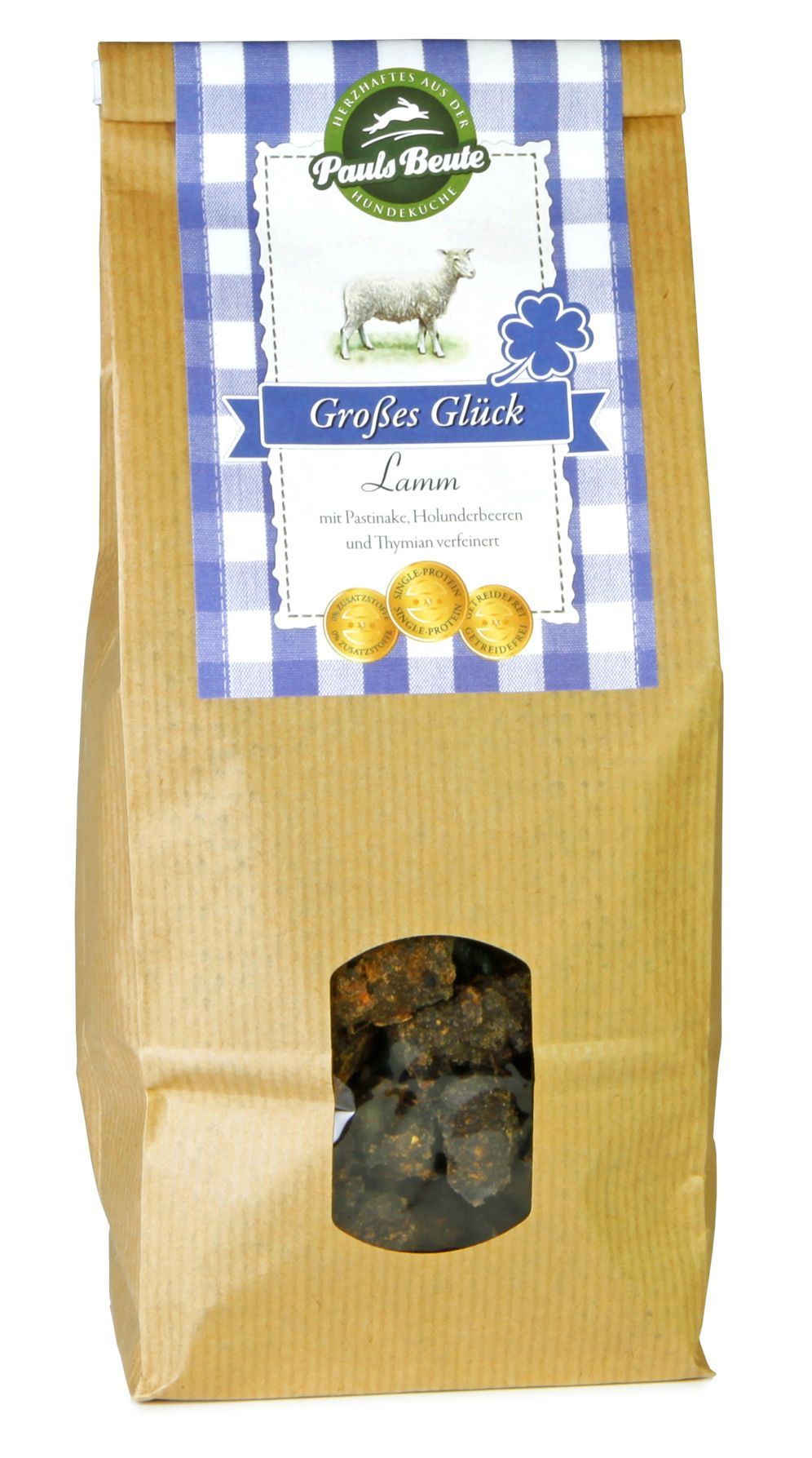 Pauls Beute Großes Glück Lamm Hundesnack in brauner Tüte mit blau kariertem Etikett und Schaf-Illustration, natürlicher Premium-Leckerbissen für Hunde.