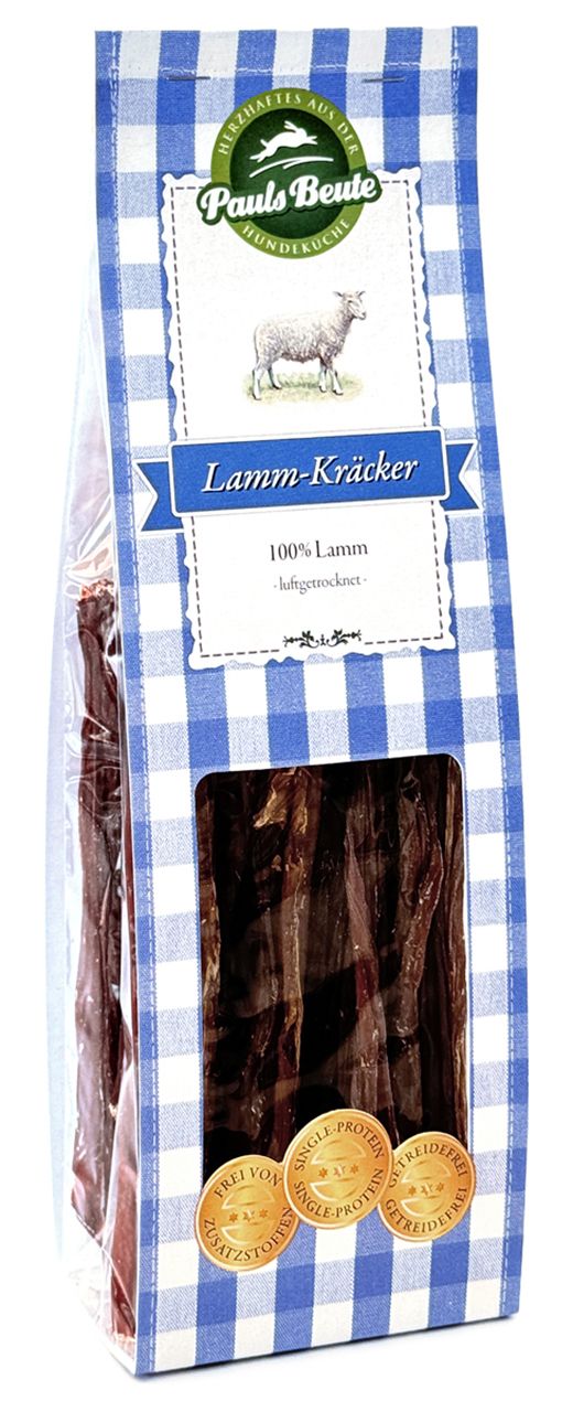 Pauls Beute Lamm-Kräcker Hundesnack in blau-karierter Verpackung mit Sichtfenster, 100 % Lammfleisch.