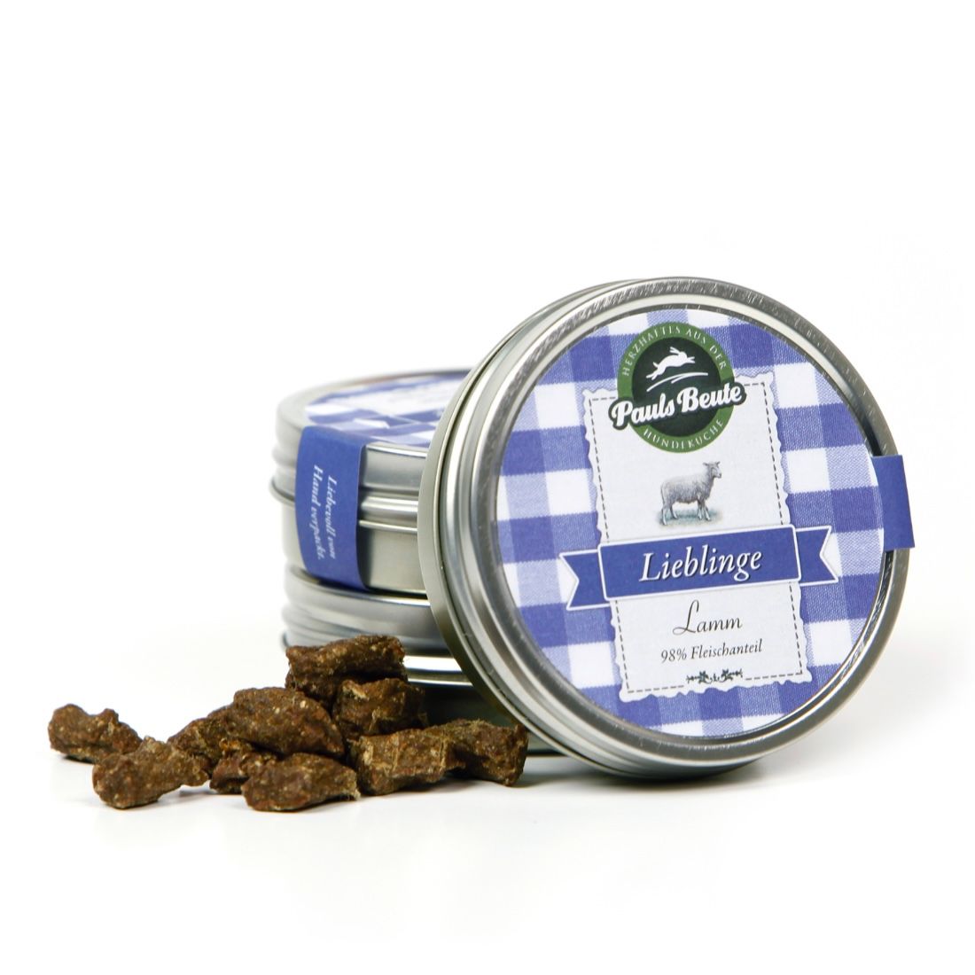 Pauls Beute Lieblinge Lamm Trainingssnacks in runder Dose mit blau-weiß kariertem Etikett, Hundeleckerlis aus 98 % Lammfleisch.