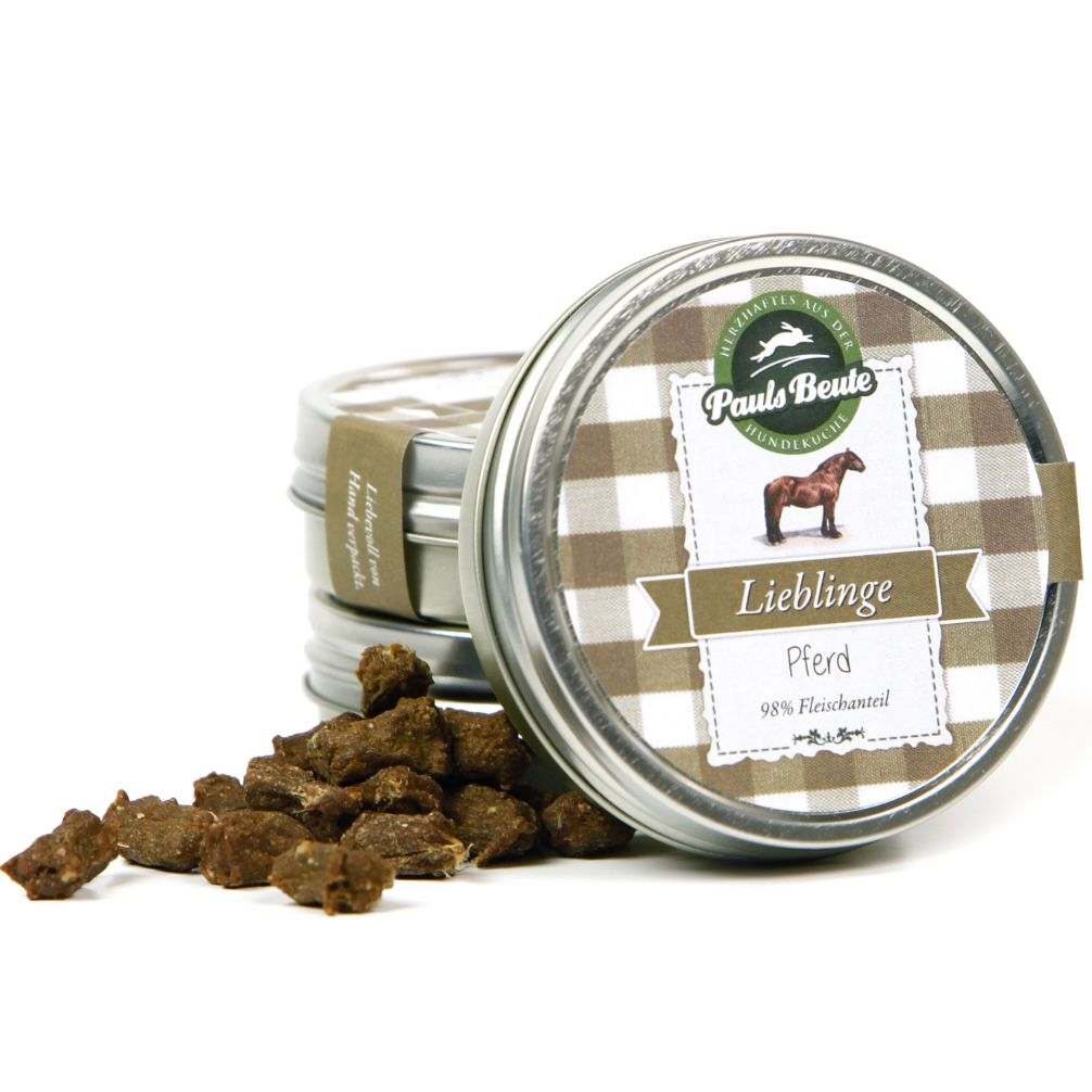 Pauls Beute Lieblinge Pferd Hundesnacks in der silbernen Dose mit braun-weiß kariertem Etikett, Monoprotein-Leckerlis aus 98 % Pferdefleisch