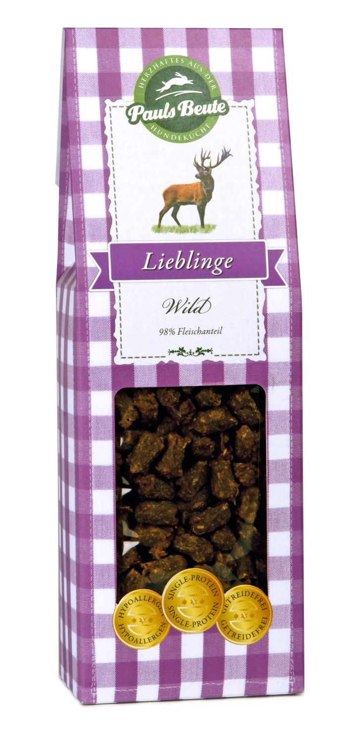 Pauls Beute Lieblinge Wild Hundesnacks in violett kariertem Beutel, Monoprotein-Leckerlis aus 98 % Wildfleisch.