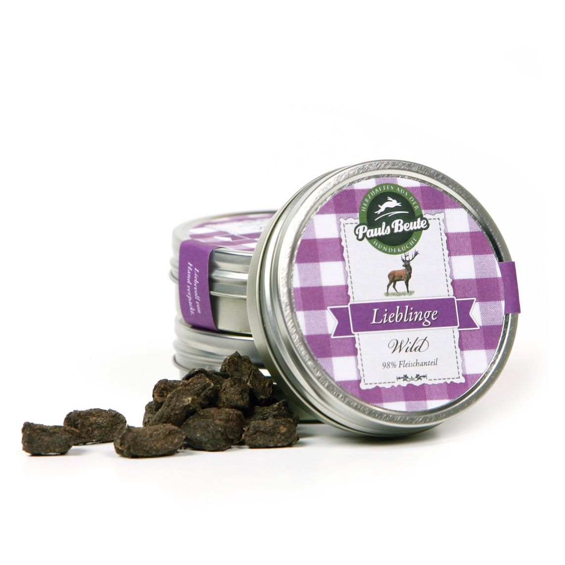 Pauls Beute Lieblinge Wild in runder Metall-Dose, hochwertige Monoprotein-Hundesnacks aus 98 % Wildfleisch.