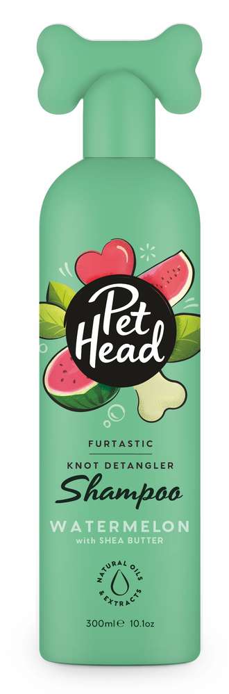 Pet Head Furtastic Knot Detangler Shampoo mit Wassermelonen-Duft in grüner Flasche mit Knochen-Deckel.